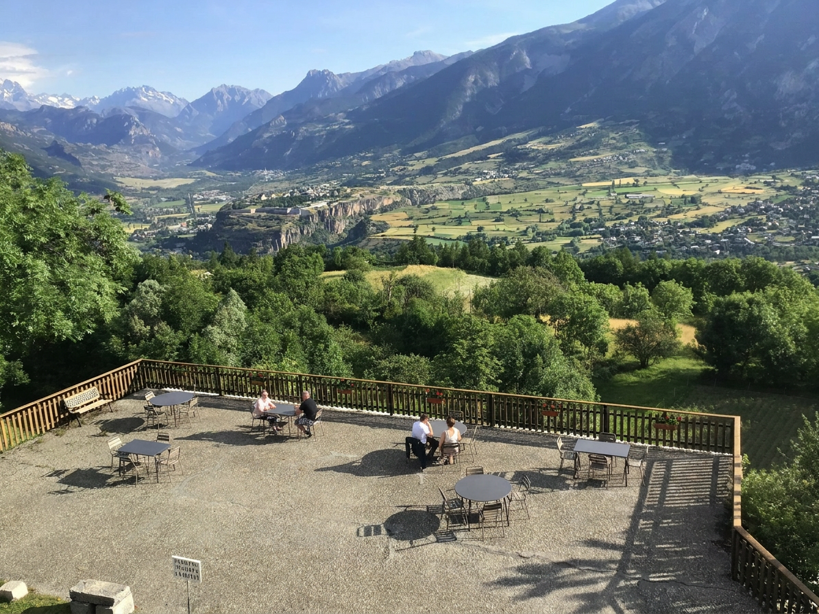 Terrasse panoramique de l'auberge Le Rochasson — vue sur la vallée de la Durance et le massif des Écrins