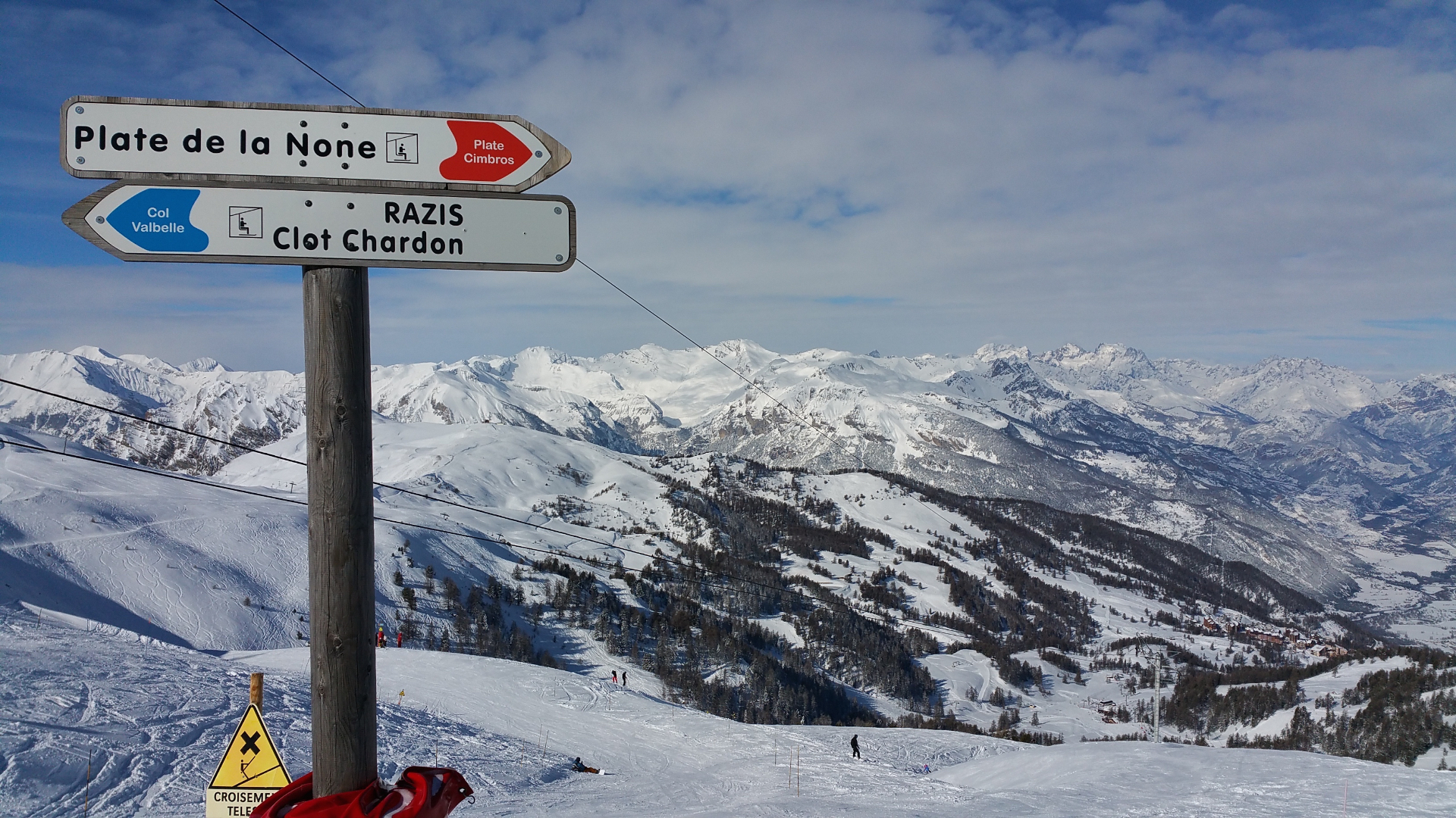 Ski alpin à Risoul — panneau Plate de la None avec vue panoramique sur les sommets enneigés de la Forêt Blanche